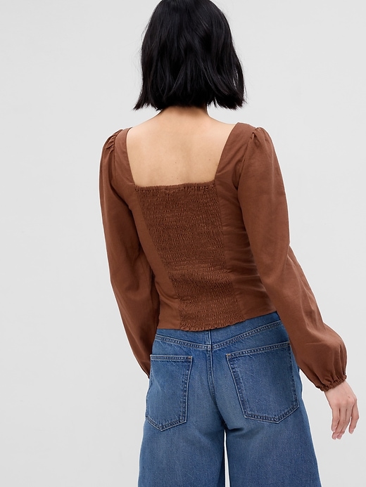 2 of 8 showing, with the color medium warm brown of product Linen-Blend Puff Sleeve Top