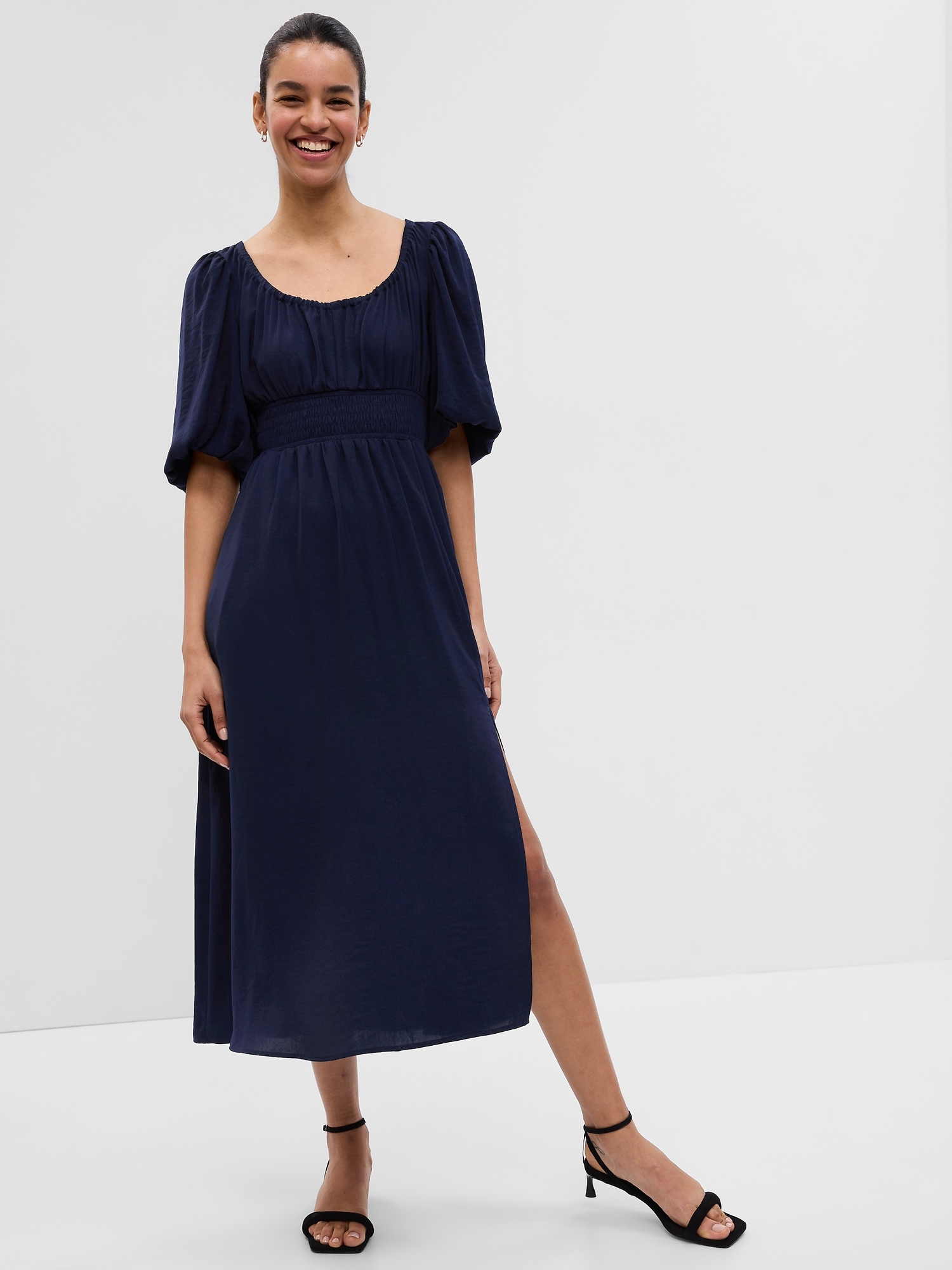 Gap Puff Sleeve Smocked Midi Dress In Navy Blue