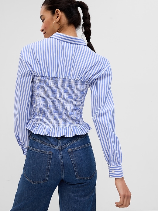 2 of 8 showing, with the color blue & white stripe of product Smocked Peplum Shirt