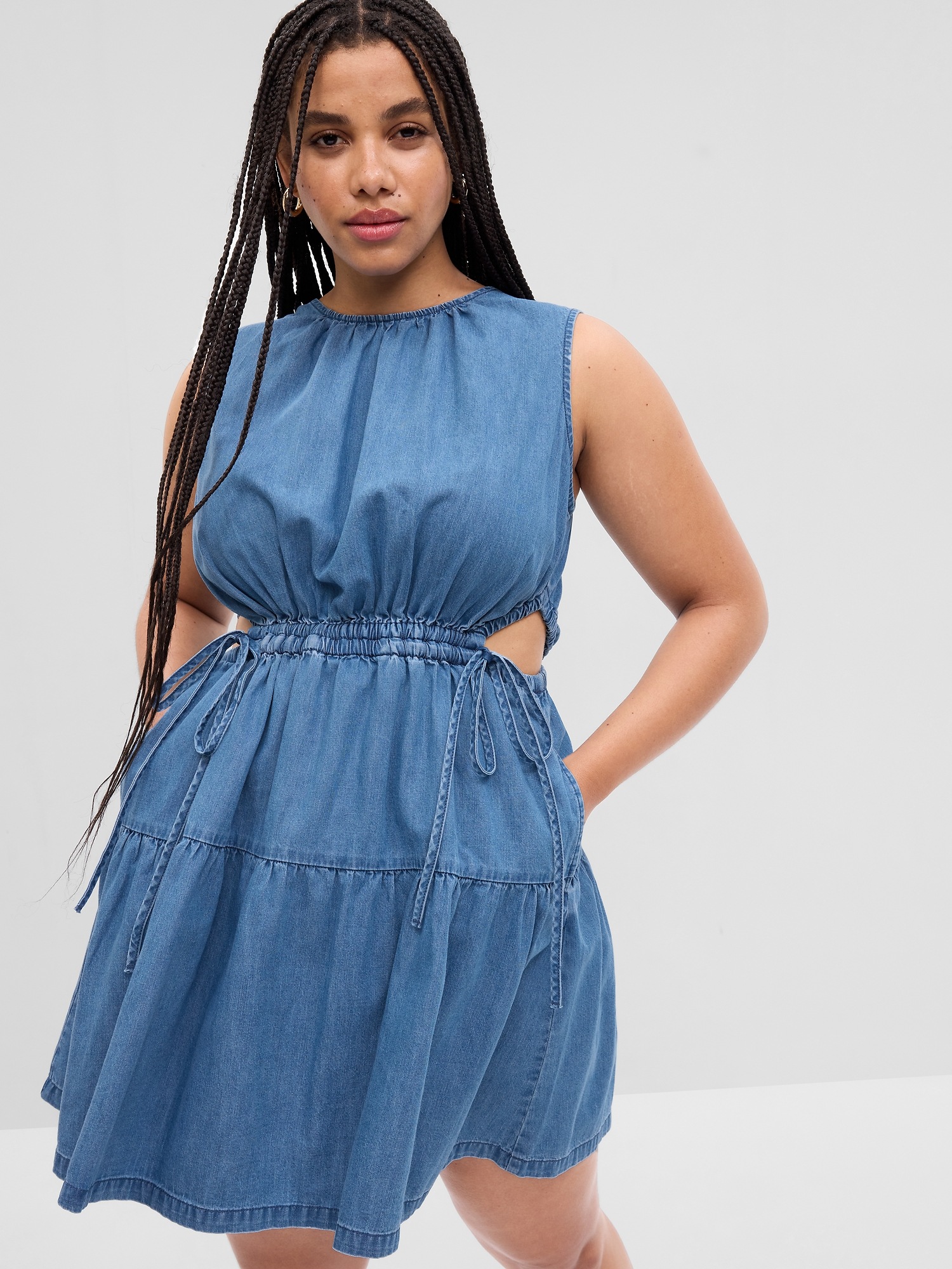 Denim SideTie Cutout Mini Dress with Washwell Gap