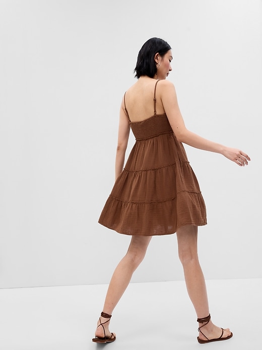 2 of 8 showing, with the color medium warm brown of product Crinkle Gauze Tiered Mini Dress