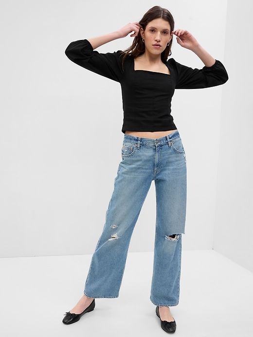 1 of 8 showing, with the color black of product Linen-Blend Puff Sleeve Top