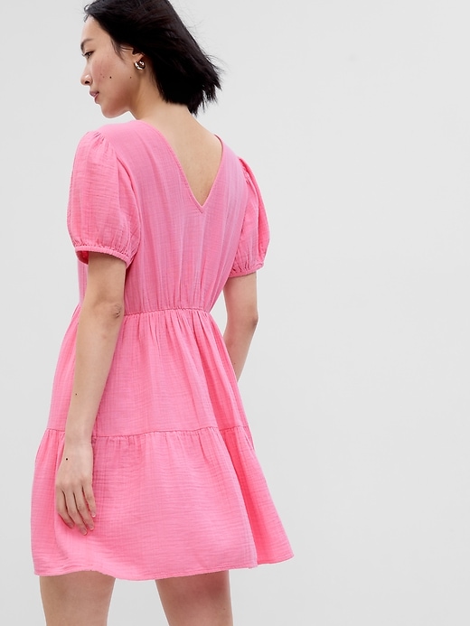 2 of 8 showing, with the color MAY PINK of product Crinkle Gauze Puff Sleeve Tiered Mini Dress