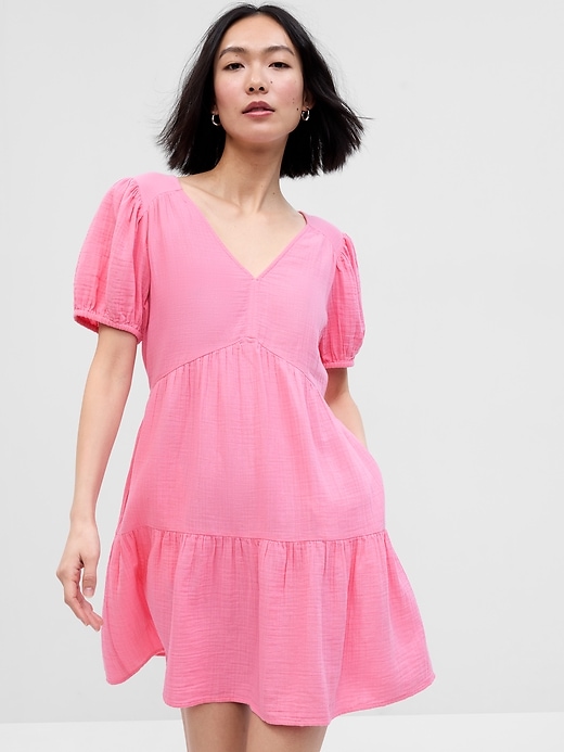 1 of 8 showing, with the color MAY PINK of product Crinkle Gauze Puff Sleeve Tiered Mini Dress