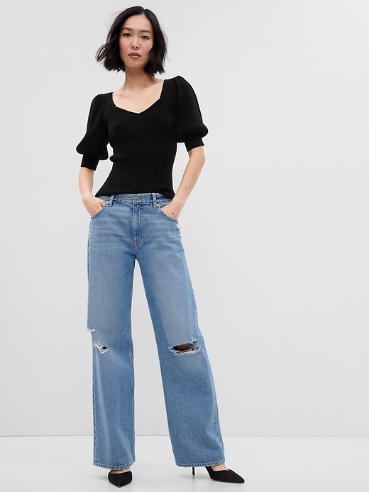1 of 8 showing, with the color black of product Puff Sleeve Corset Sweater