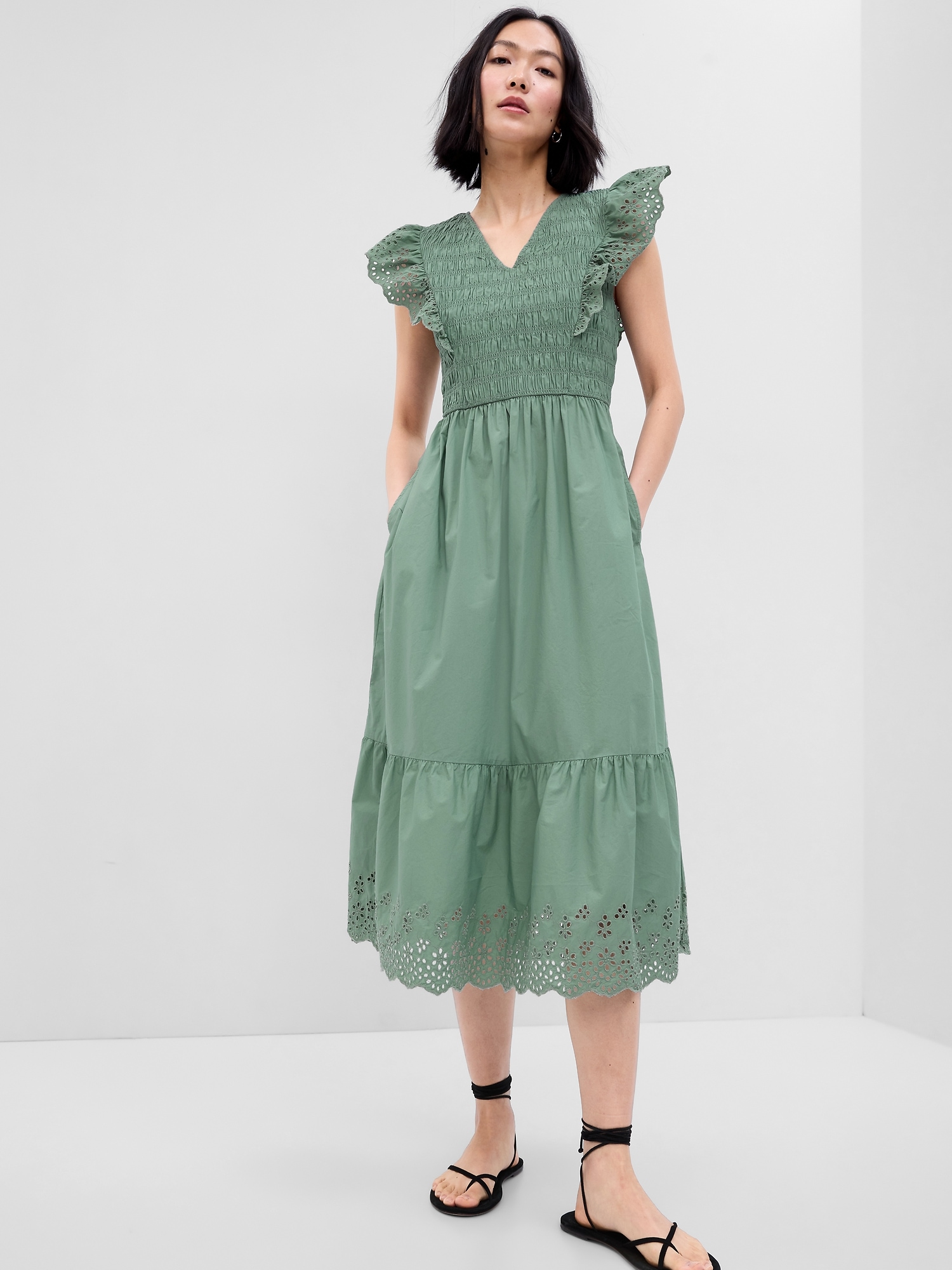 Gap Ruffle Sleeve Smocked Midi Dress In Sage Green | ModeSens