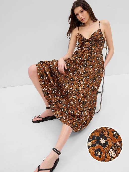 1 of 8 showing, with the color brown floral of product Tie-Front Cutout Maxi Dress