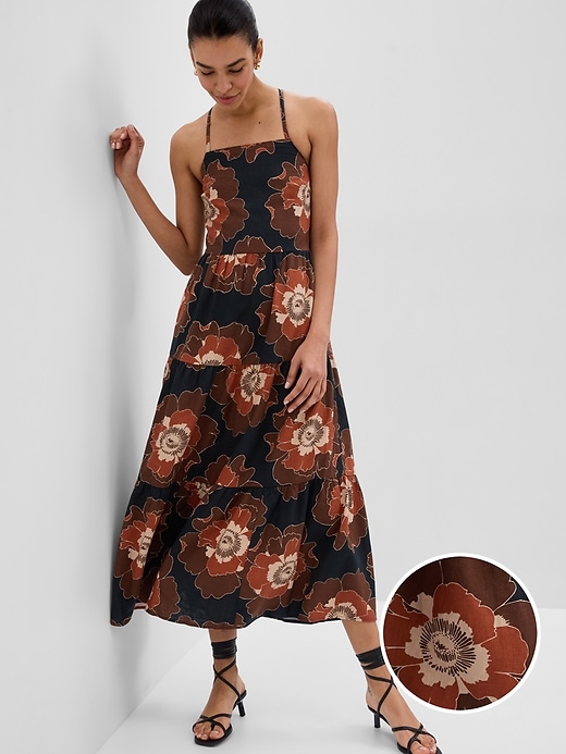 1 of 8 showing, with the color brown floral of product Linen-Blend Tie-Back Tiered Maxi Dress