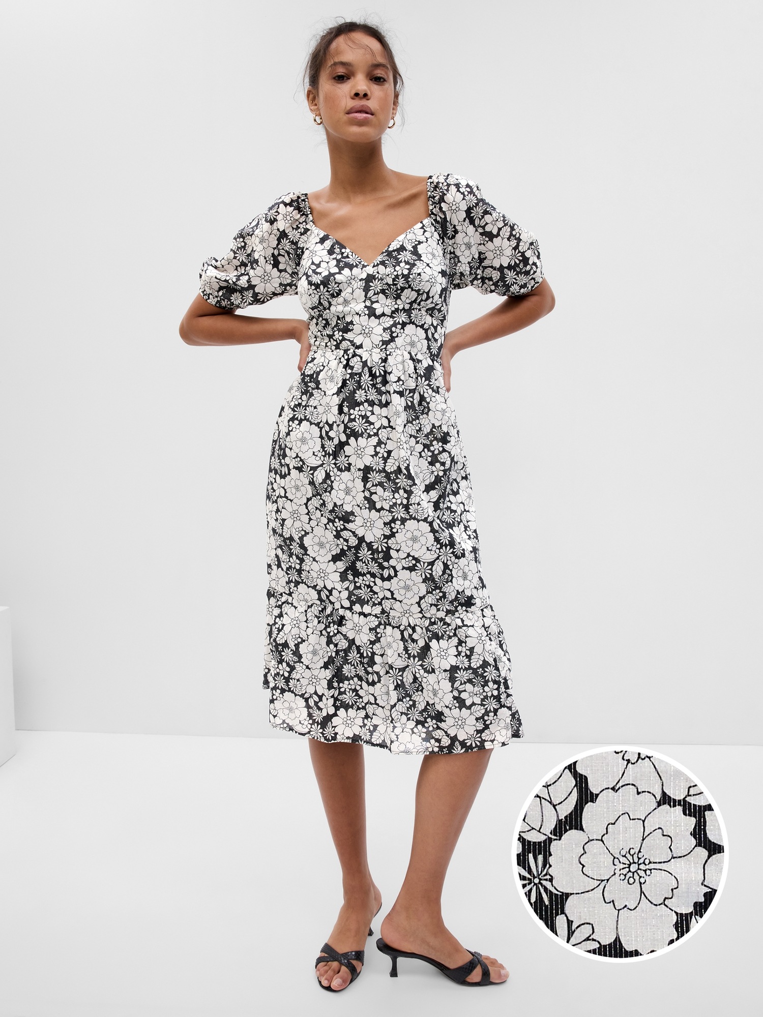 Puff Sleeve Metallic Floral Midi Dress Gap