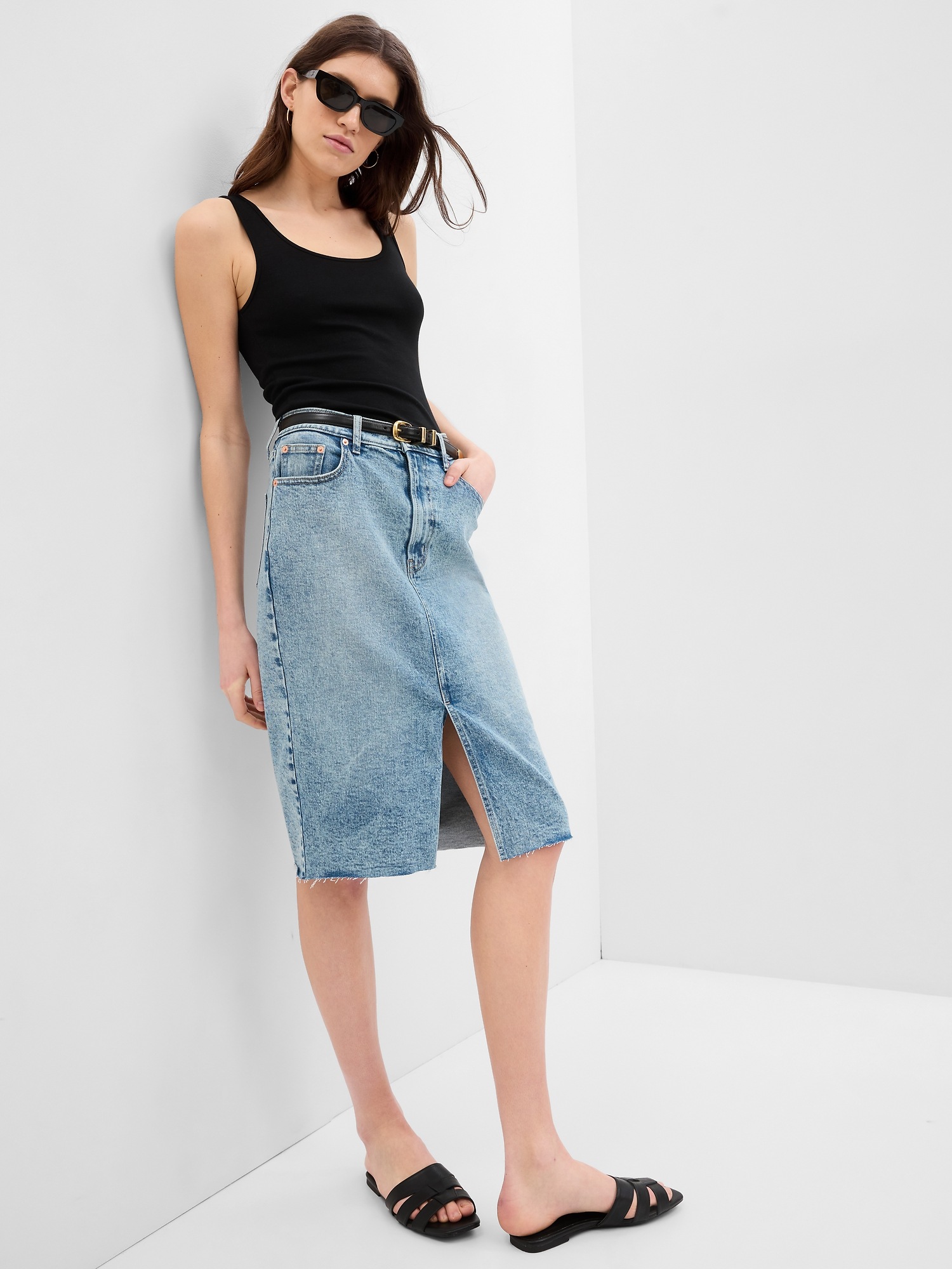 High Rise Pencil Denim Midi Skirt with Washwell | Gap