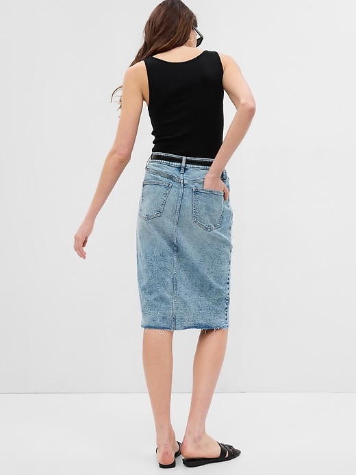 2 of 8 showing, with the color medium wash of product High Rise Pencil Denim Midi Skirt with Washwell
