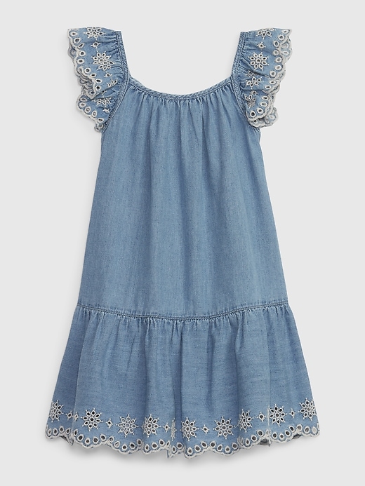 2 of 8 showing, with the color light wash indigo of product Toddler Eyelet Denim Tiered Dress with Washwell