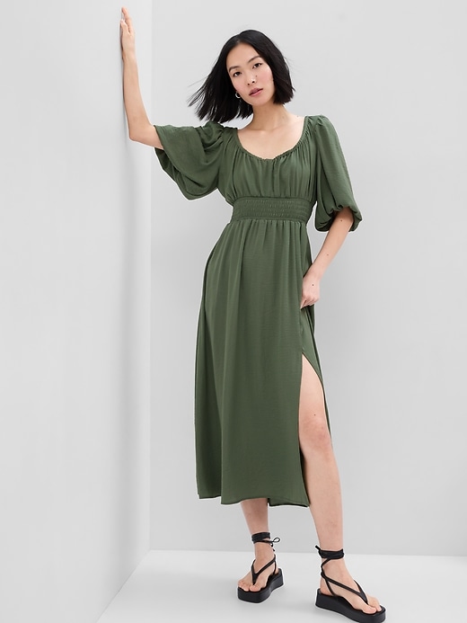 1 of 8 showing, with the color jungle green of product Puff Sleeve Smocked Midi Dress
