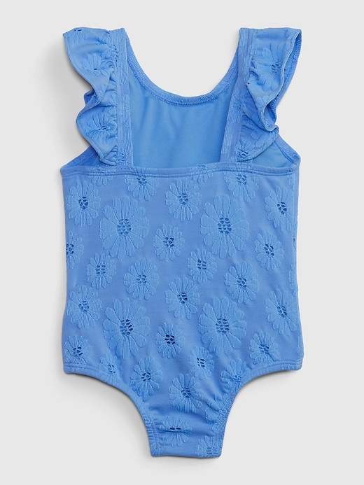 2 of 8 showing, with the color shirting blue of product Toddler Recycled Textured Ruffle Swim One-Piece
