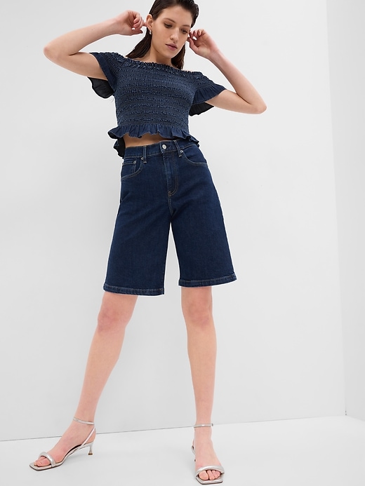 1 of 8 showing, with the color dark wash of product 10" High Rise Stride Denim Bermuda Shorts