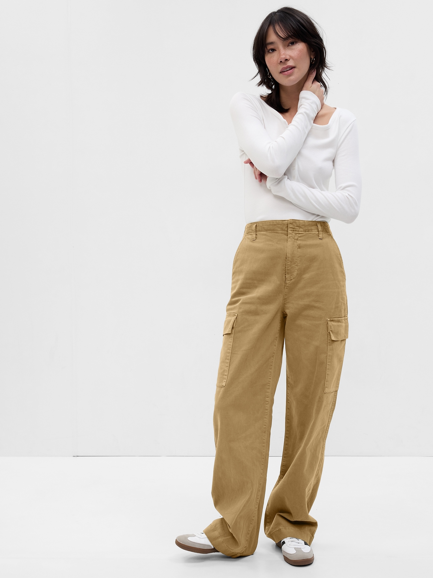Loose Khaki Cargo Pants With Washwell Gap