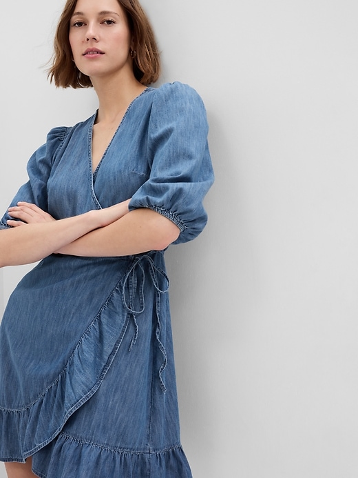 gap denim wrap dress Organic Cotton Denim Mini Wrap Dress