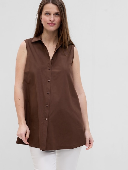 1 of 8 showing, with the color espresso of product Maternity Poplin Button-Down Tank Top