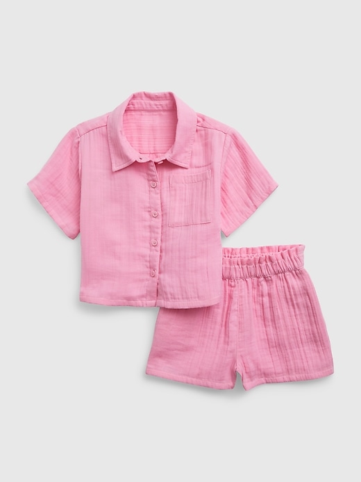 1 of 8 showing, with the color MAIDEN PINK of product Toddler Crinkle Gauze Outfit Set