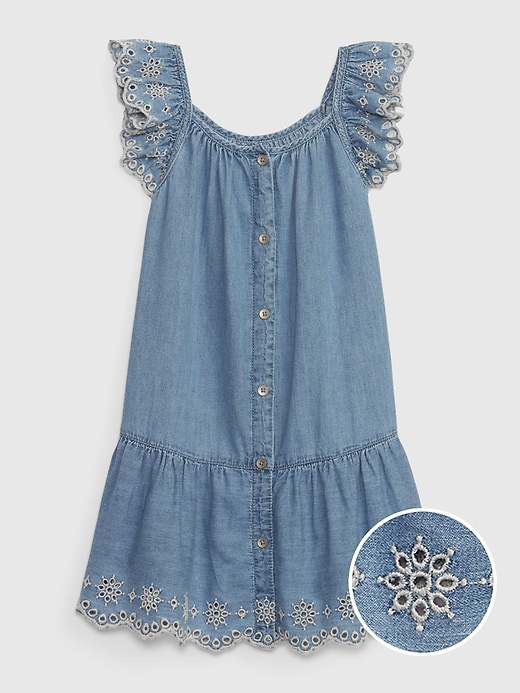 1 of 8 showing, with the color light wash indigo of product Toddler Eyelet Denim Tiered Dress with Washwell