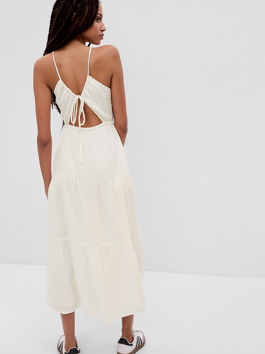 2 of 8 showing, with the color new off white of product Crinkle Gauze Halter Keyhole Tiered Maxi Dress