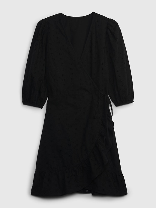 1 of 8 showing, with the color black of product Eyelet Mini Wrap Dress
