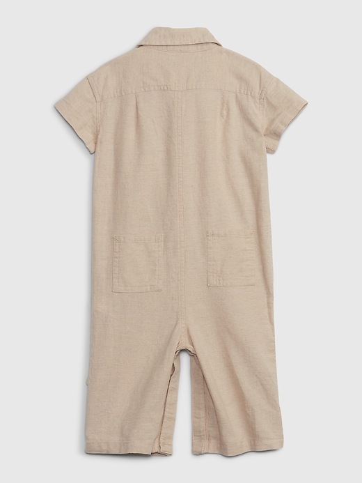 2 of 8 showing, with the color bedrock beige of product Baby Linen-Cotton Roll-Cuff Shorty One-Piece