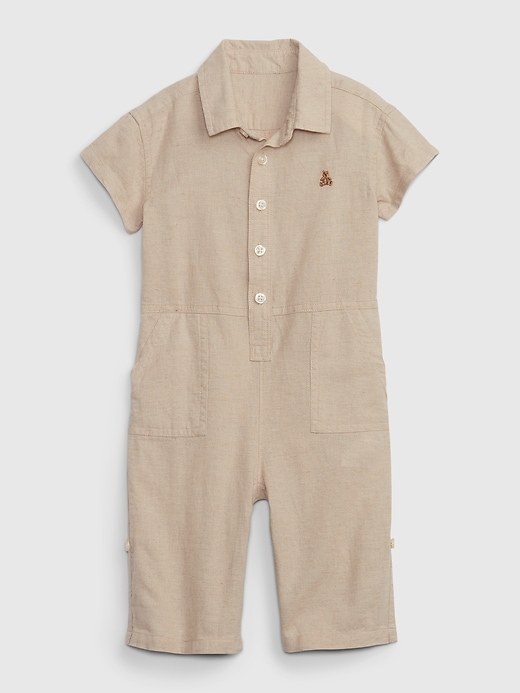 1 of 8 showing, with the color bedrock beige of product Baby Linen-Cotton Roll-Cuff Shorty One-Piece
