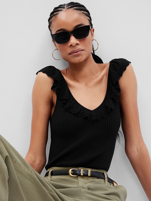 1 of 8 showing, with the color black of product Ruffle Rib Sweater Tank Top