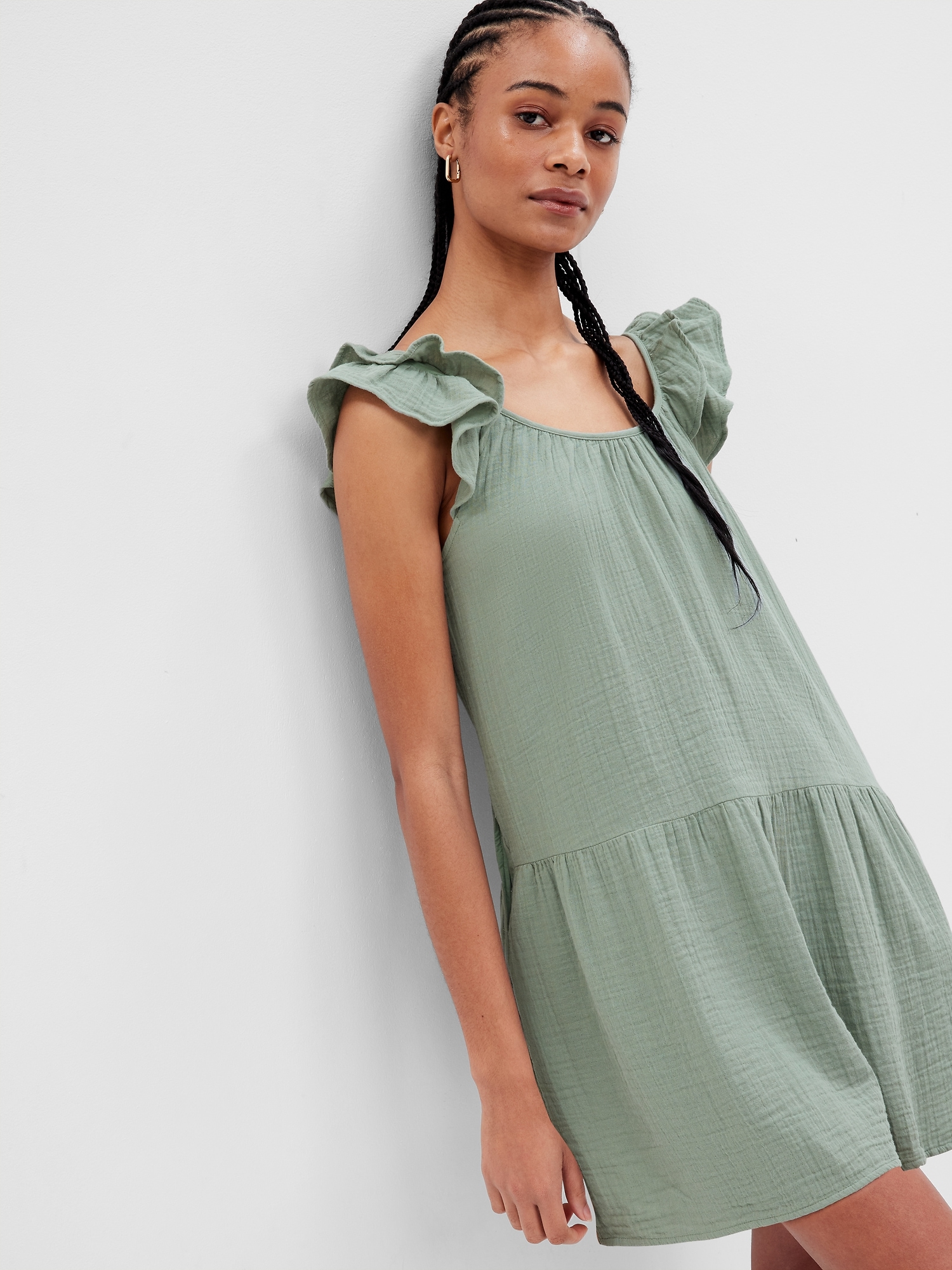 Gap Crinkle Gauze Mini Dress In Sage Green | ModeSens