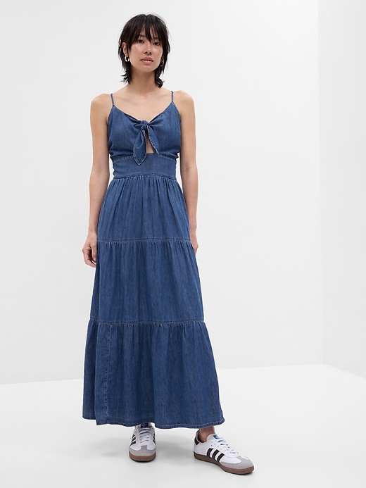 1 of 8 showing, with the color dark wash of product Tie-Front Tiered Denim Maxi Dress