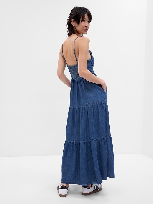 2 of 8 showing, with the color dark wash of product Tie-Front Tiered Denim Maxi Dress