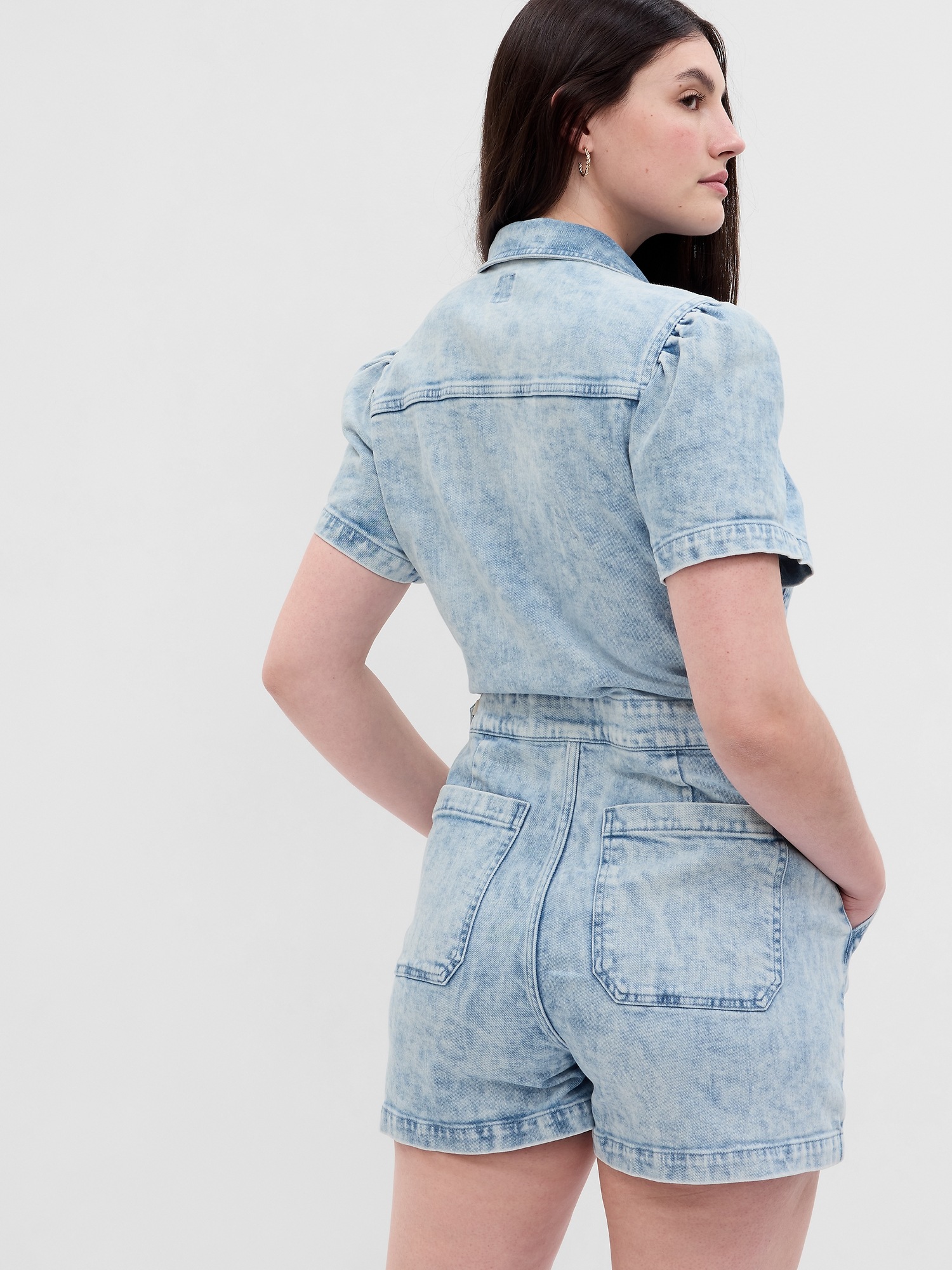 Puff Sleeve Denim Romper With Washwell Gap