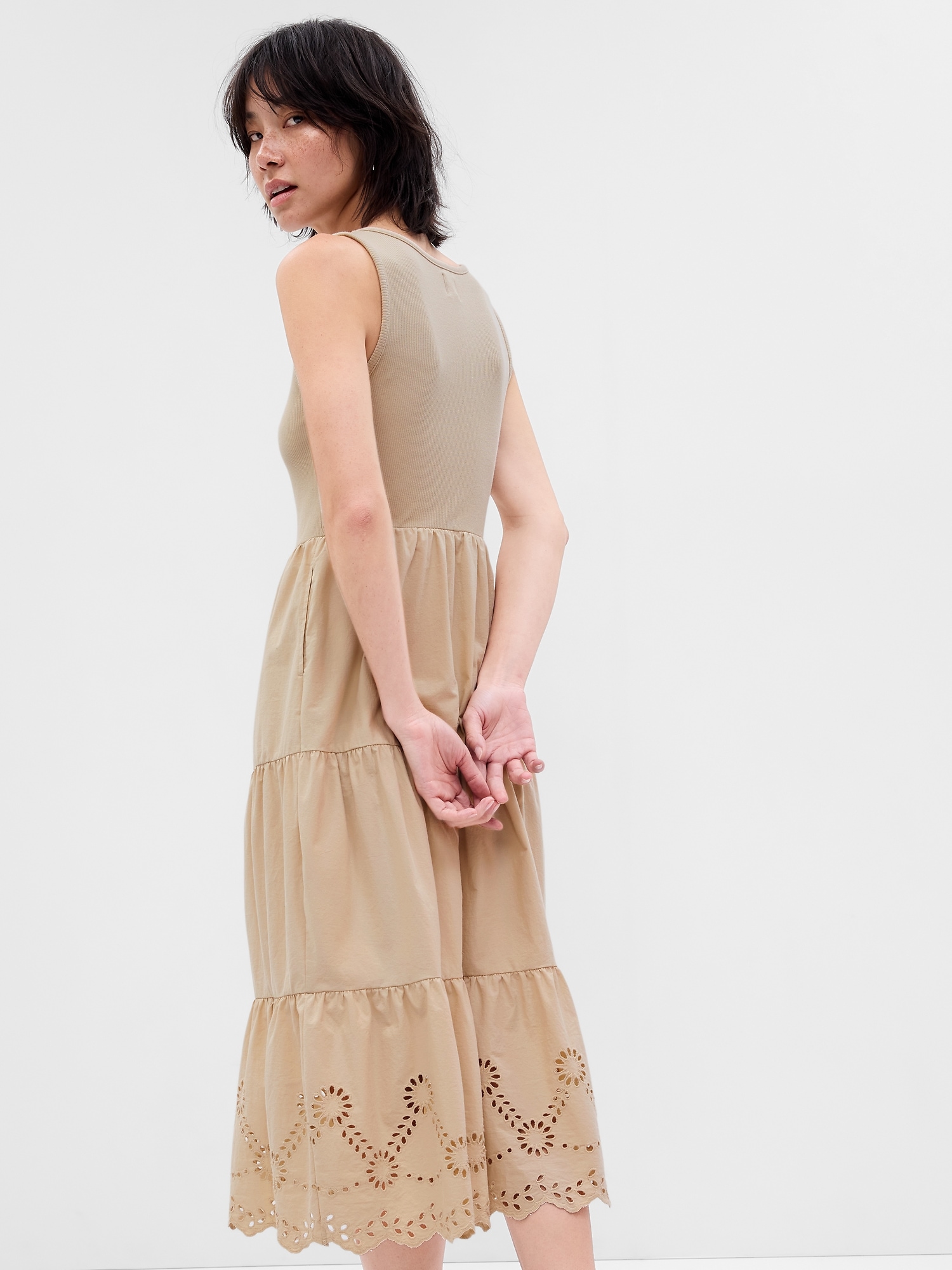 Eyelet Mixed Fabric Midi Dress Gap