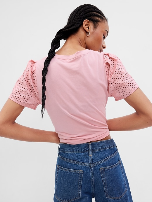 2 of 8 showing, with the color rose crystal pink of product Organic Cotton Vintage Eyelet Puff Sleeve T-Shirt