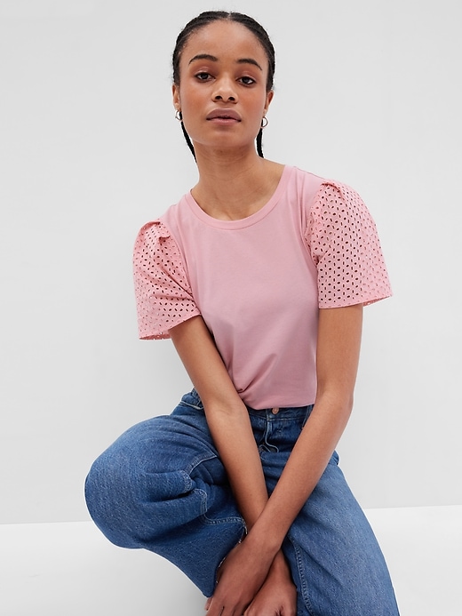 1 of 8 showing, with the color rose crystal pink of product Organic Cotton Vintage Eyelet Puff Sleeve T-Shirt