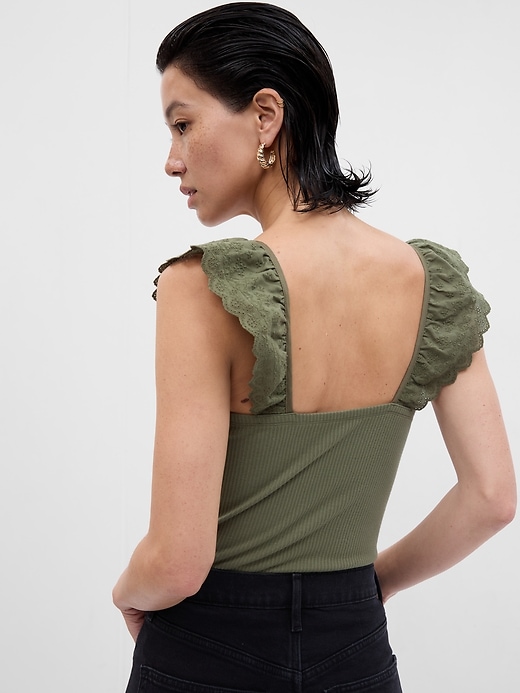 2 of 8 showing, with the color desert cactus green of product Rib Eyelet Flutter Sleeve Tank Top