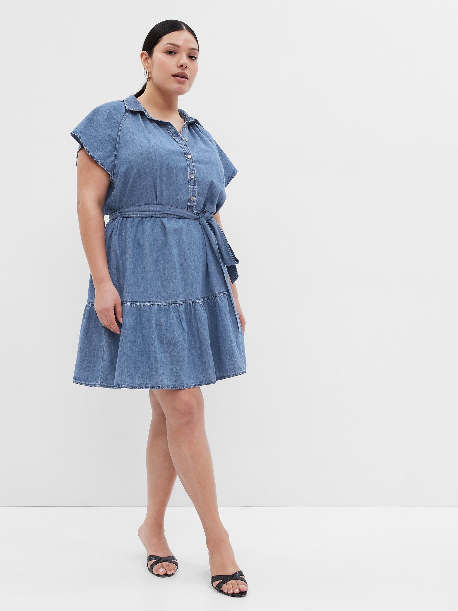 100% Organic Cotton Denim Flutter Sleeve Mini Shirtdress | Gap