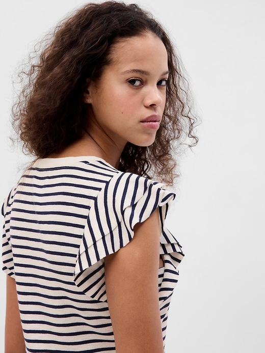 2 of 8 showing, with the color navy blue & white stripe of product Essential Rib Flutter Sleeve T-shirt