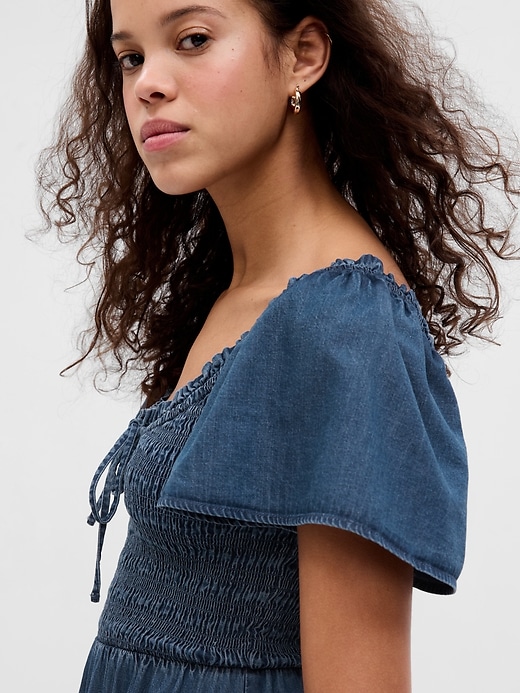 gap denim smocked mini dress Denim Tie-Front Smocked Waist Mini Dress