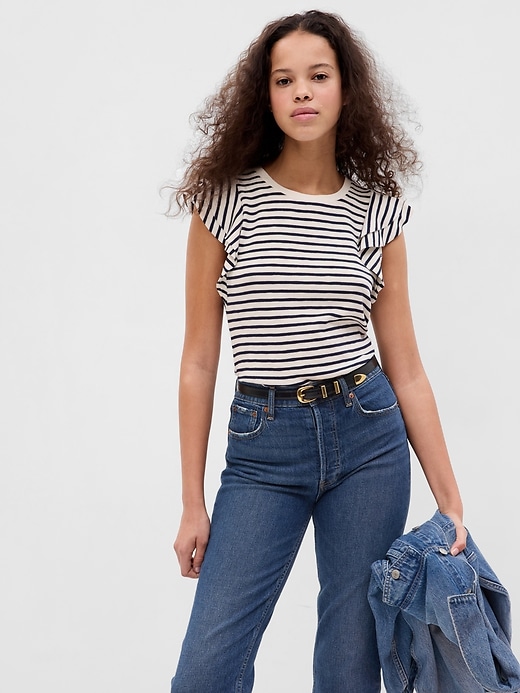 1 of 8 showing, with the color navy blue & white stripe of product Essential Rib Flutter Sleeve T-shirt