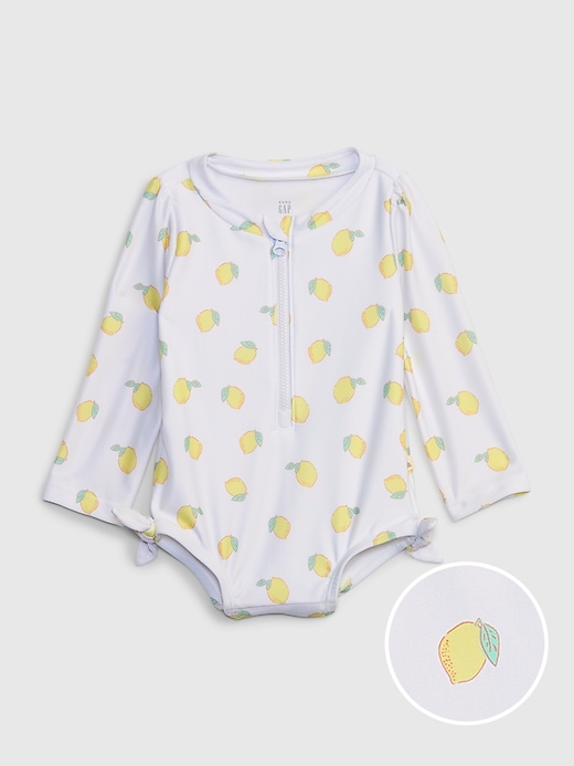 1 of 8 showing, with the color new off white of product Baby Recycled Lemon Rash Guard Swim One-Piece