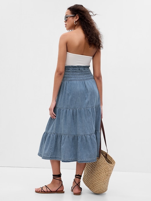 View large product image 2 of 6. Smocked Tiered Denim Midi Skirt with Washwell