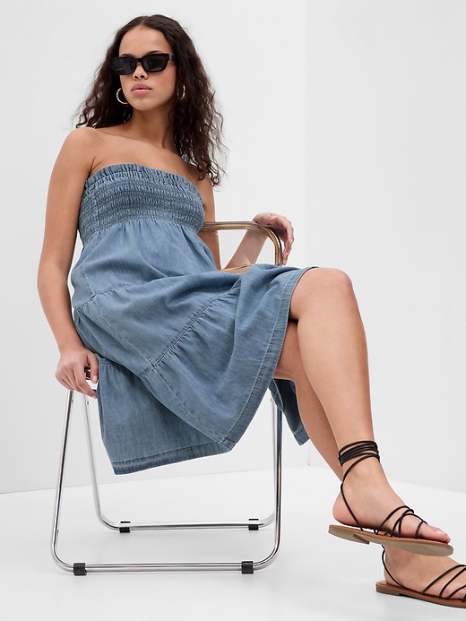 Image number 3 showing, Smocked Tiered Denim Midi Skirt with Washwell