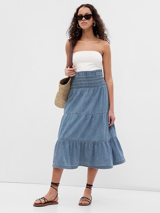 View large product image 1 of 6. Smocked Tiered Denim Midi Skirt with Washwell