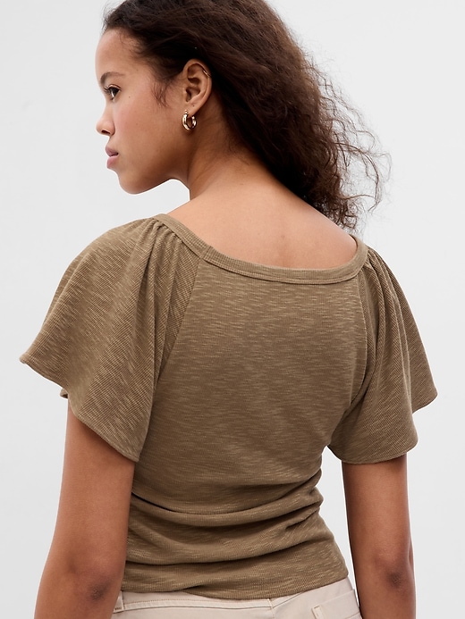 2 of 8 showing, with the color dried moss green of product Essential Rib Flutter Sleeve Button-Front Top