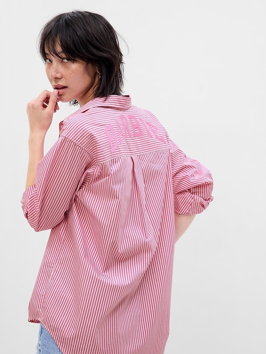 1 of 8 showing, with the color pink stripe of product Gap × Barbie™ Adult Organic Cotton Stripe Big Shirt