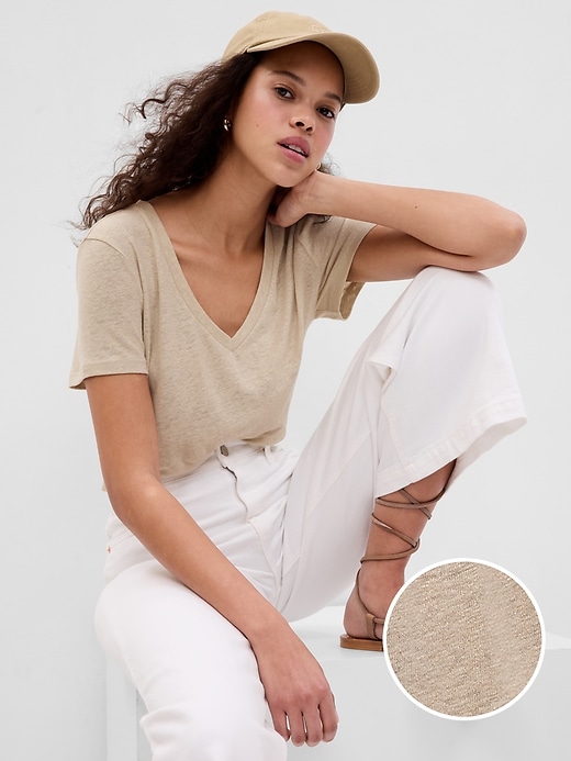 1 of 8 showing, with the color bedrock beige metallic of product Linen-Blend T-Shirt