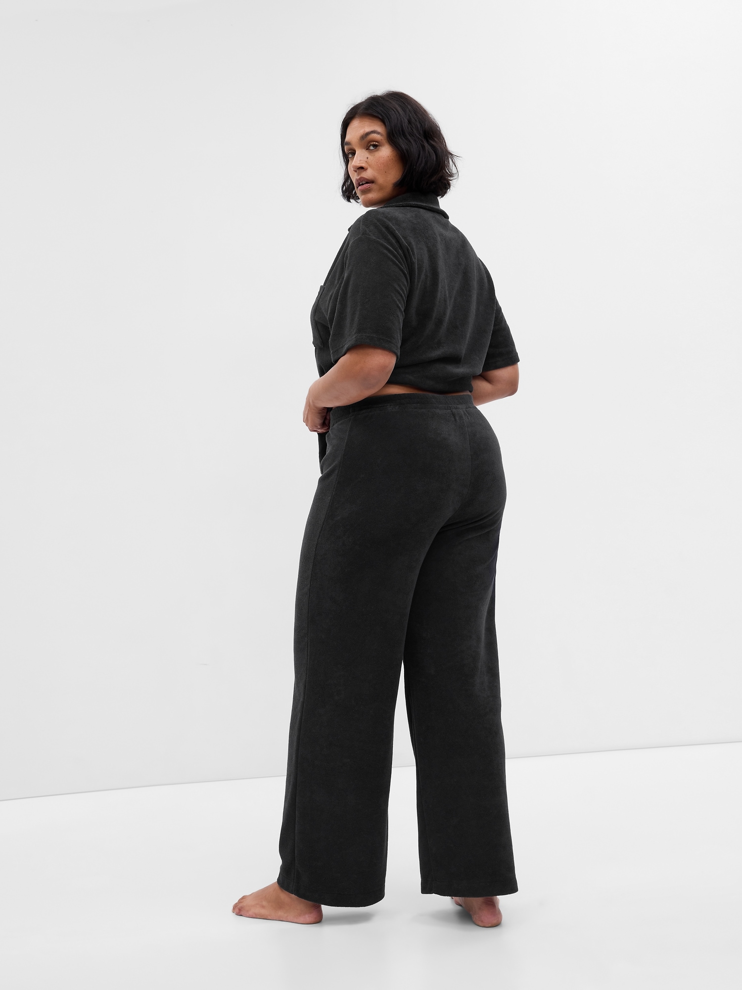 Black Terry Wide Leg Drawstring Pants