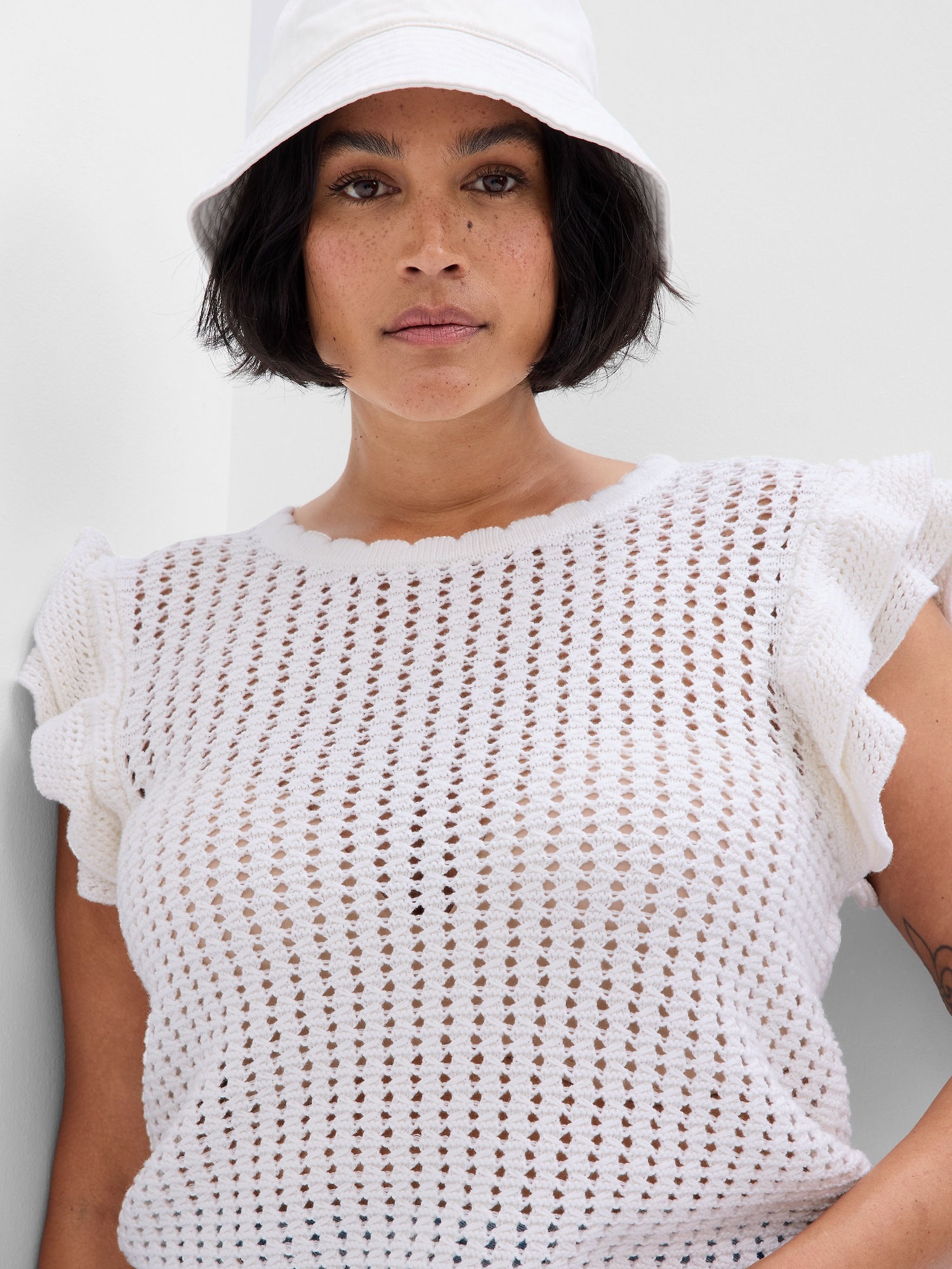 Flutter Sleeve Crochet Sweater Gap